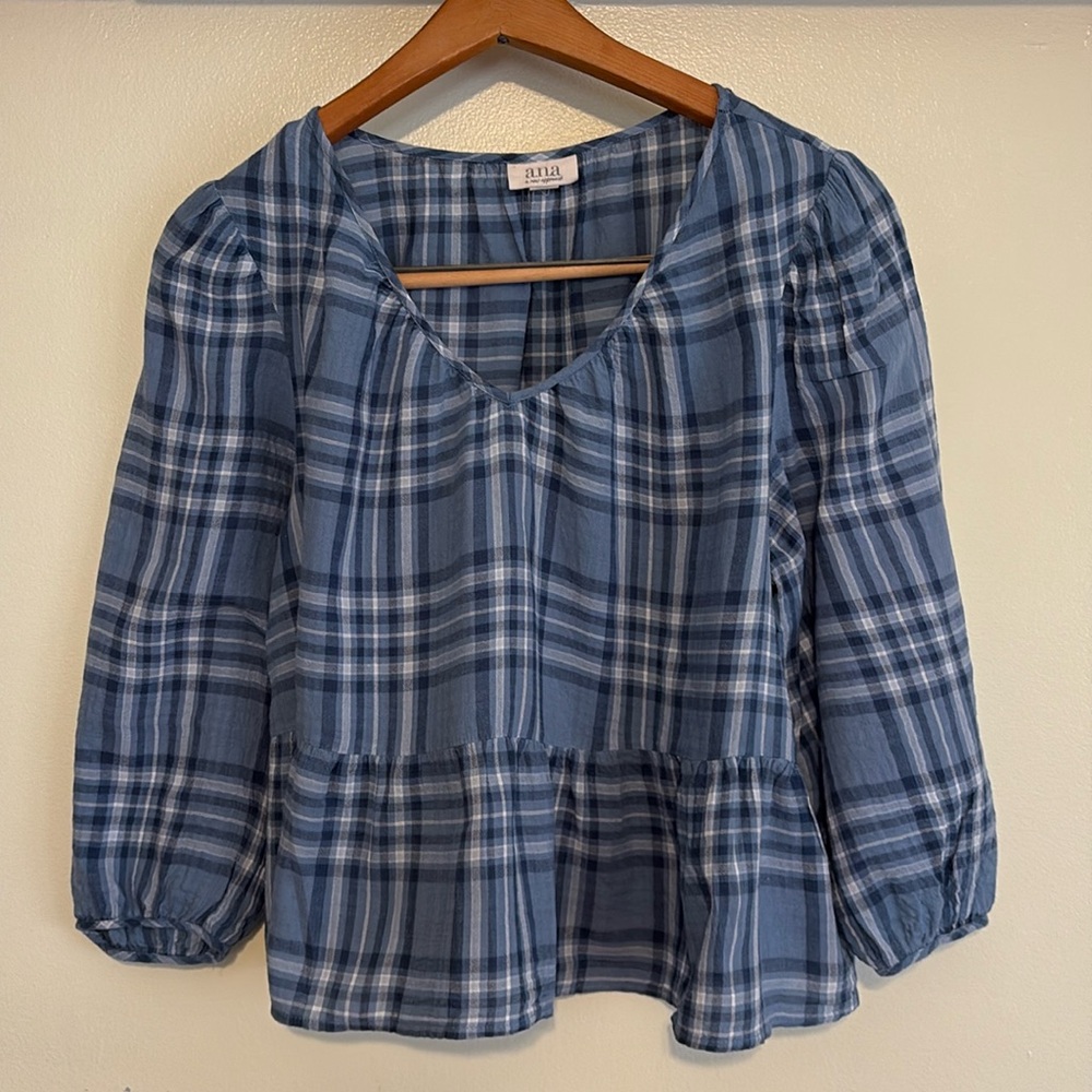 ANA BABY DOLL CROP TOP BLUE PLAID PETITE MEDIUM